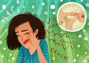 Drawing of a brunette woman cringing in pain due to TMJ dysfunction