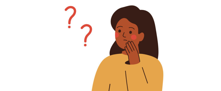 Illustration of a Black woman in a yellow blouse touching her cheek with 2 red question marks floating next to her head