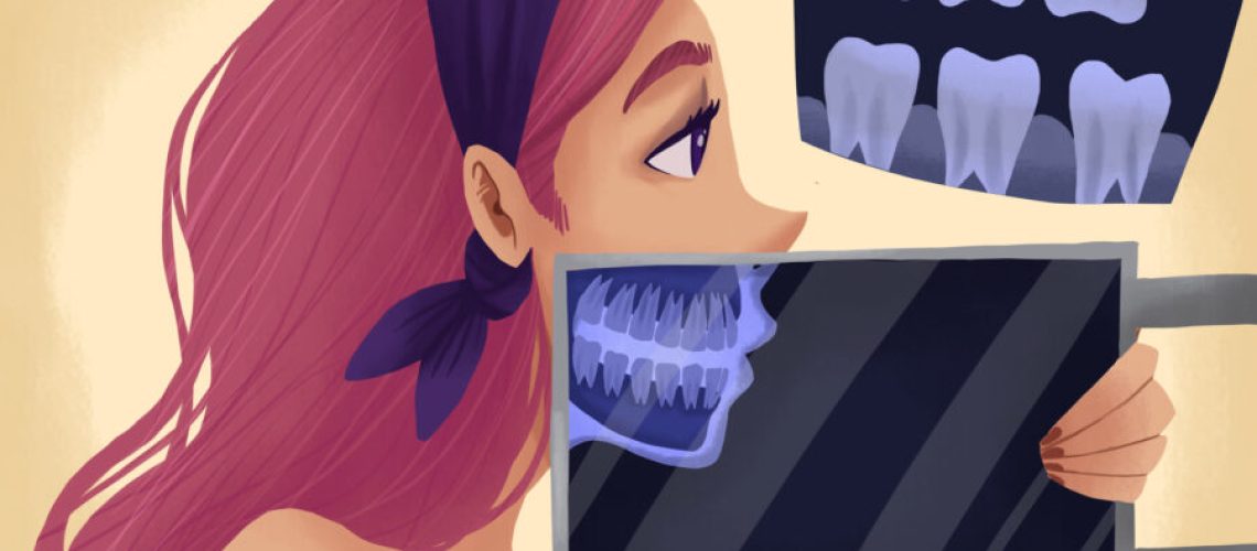 Illustration of a red-haired woman getting dental X-rays taken